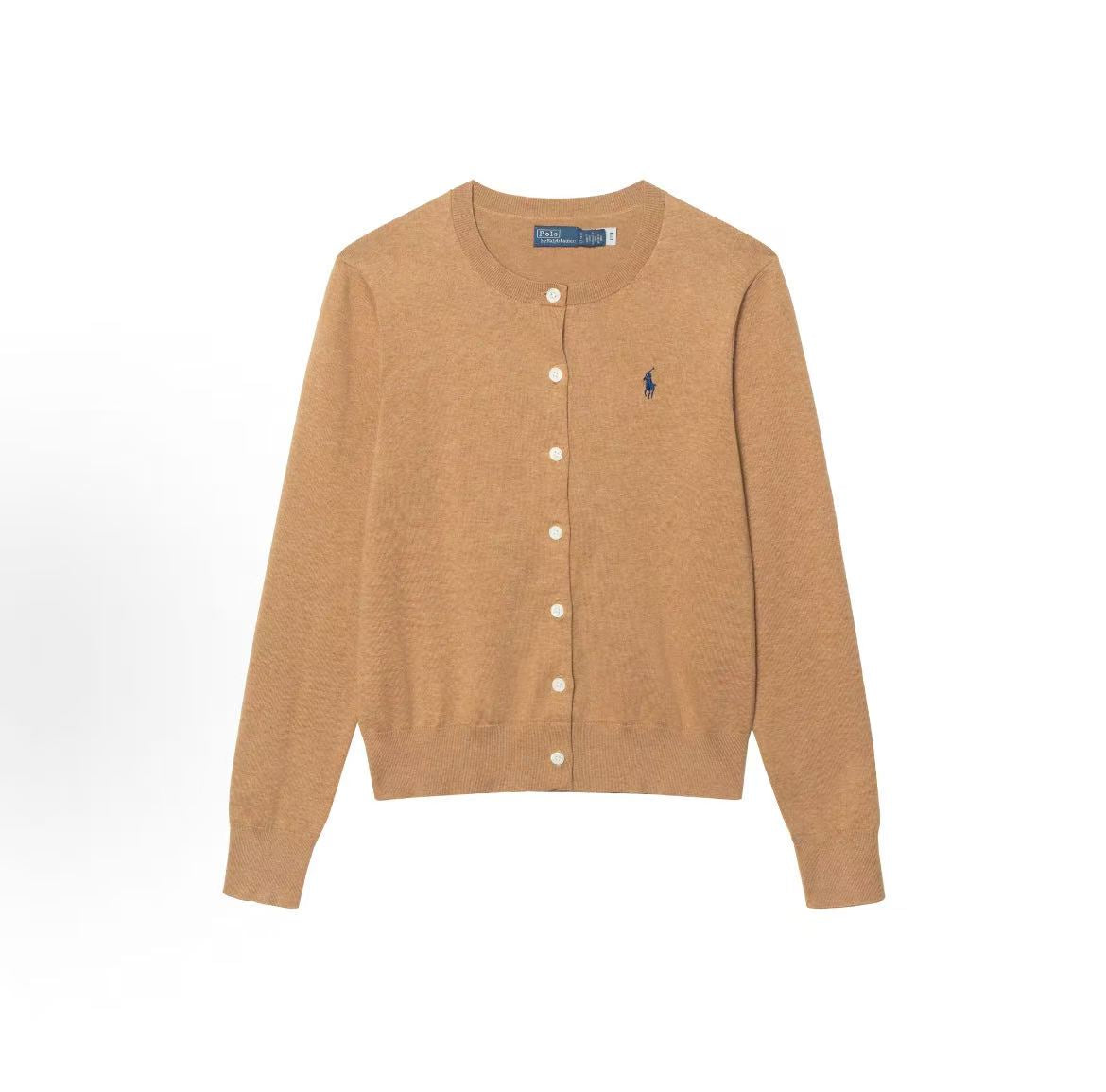 Ralph Lauren Petite Spurs Embroidered Solid Cotton Blend Round Neck Long-Sleeved Ribbed Sleeveless Hem Single-Button Buttoned Collar Shirt Knit Top Fitted Style Women's Size Beige