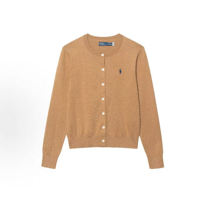 Ralph Lauren Petite Spurs Embroidered Solid Cotton Blend Round Neck Long-Sleeved Ribbed Sleeveless Hem Single-Button Buttoned Collar Shirt Knit Top Fitted Style Women's Size Beige