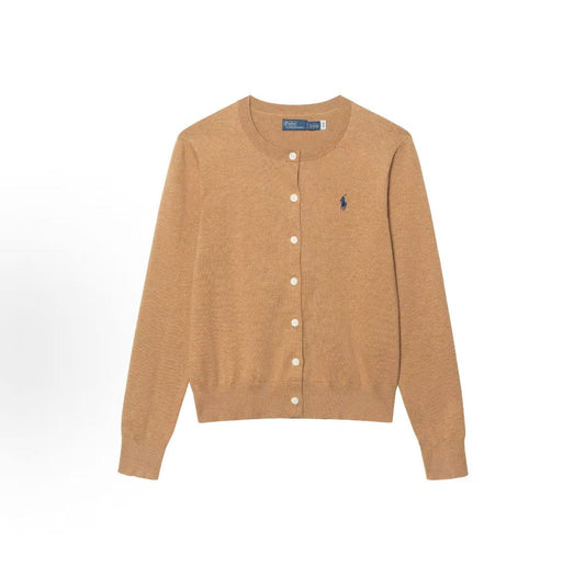 Ralph Lauren Petite Spurs Embroidered Solid Cotton Blend Round Neck Long-Sleeved Ribbed Sleeveless Hem Single-Button Buttoned Collar Shirt Knit Top Fitted Style Women's Size Beige