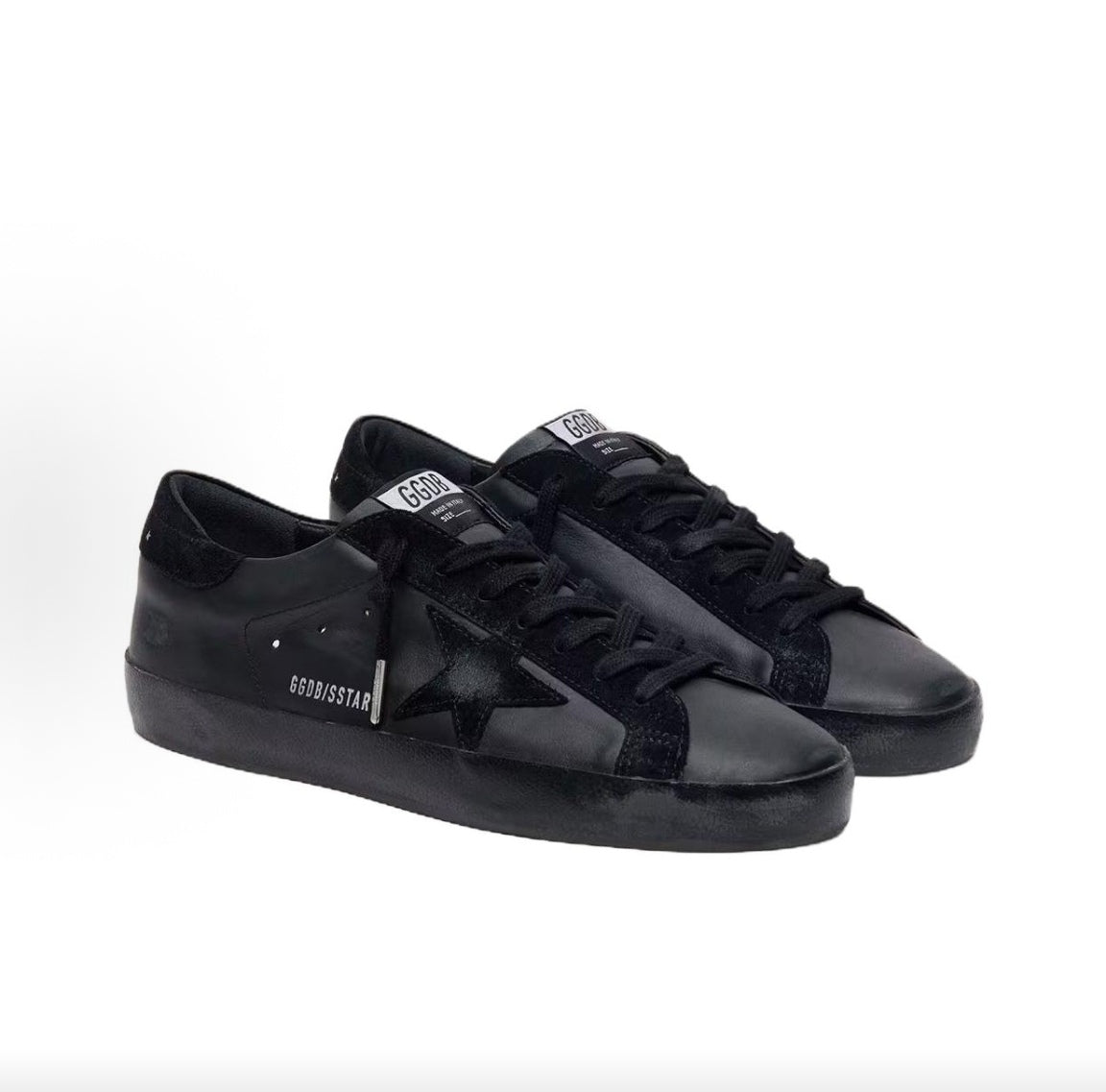 Golden Goose Men's Super-Star Low-Top Sneakers – Black Suede with Star Motif, Round Toe, Lace-Up, and Vintage Finish
