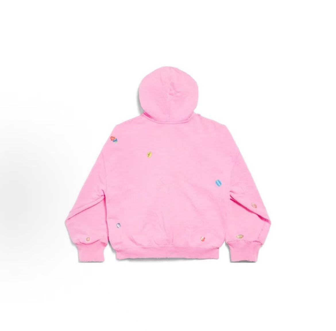 Balenciaga SS25 Printed Sticker Zippered Open Hooded Long-Sleeved Sweater in Regular Fit for Women in Pink Color