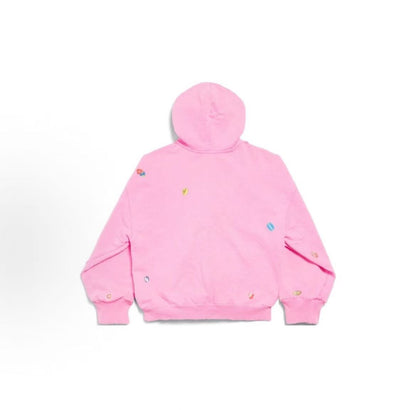 Balenciaga SS25 Printed Sticker Zippered Open Hooded Long-Sleeved Sweater in Regular Fit for Women in Pink Color
