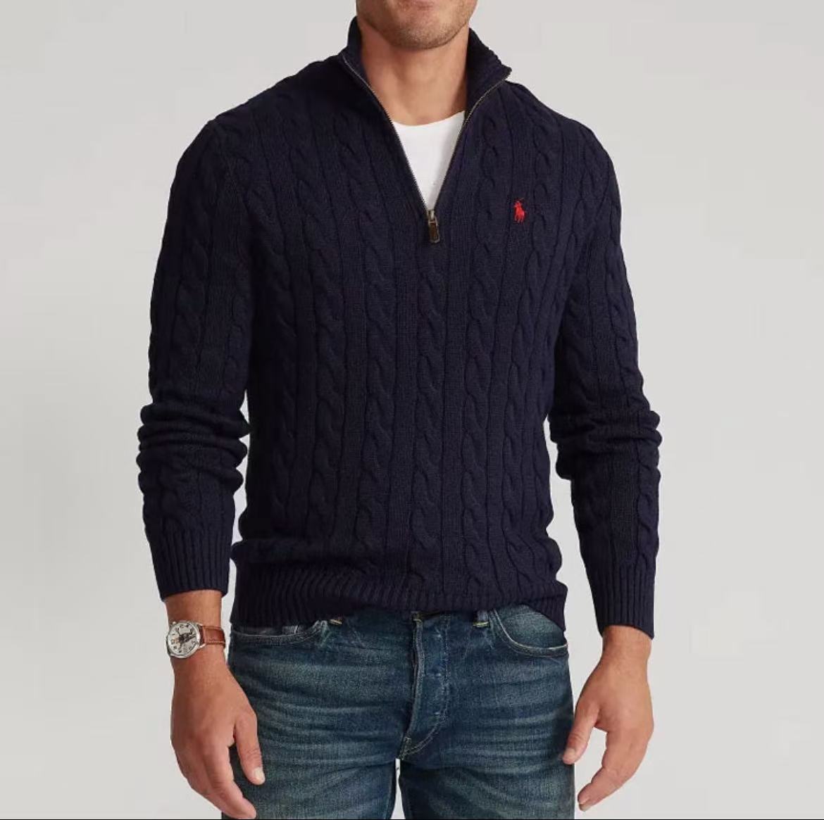 Ralph Lauren SS22 Solid-color Casual Micro-embroidered Half-Zip Knit Shirt, Wavy Hair, Men's Style, Hunter Navy Blue