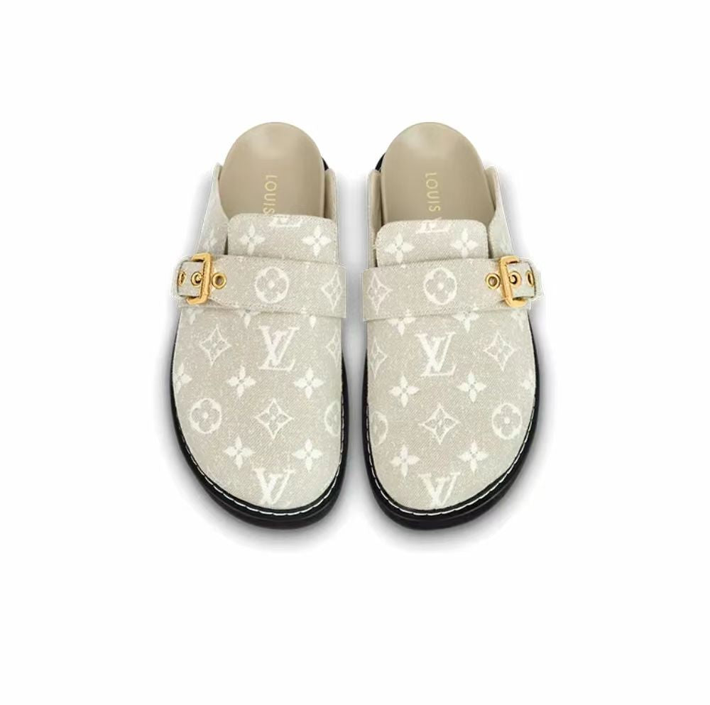 LOUIS VUITTON Cosy Comfort Denim flat top slippers women's gray