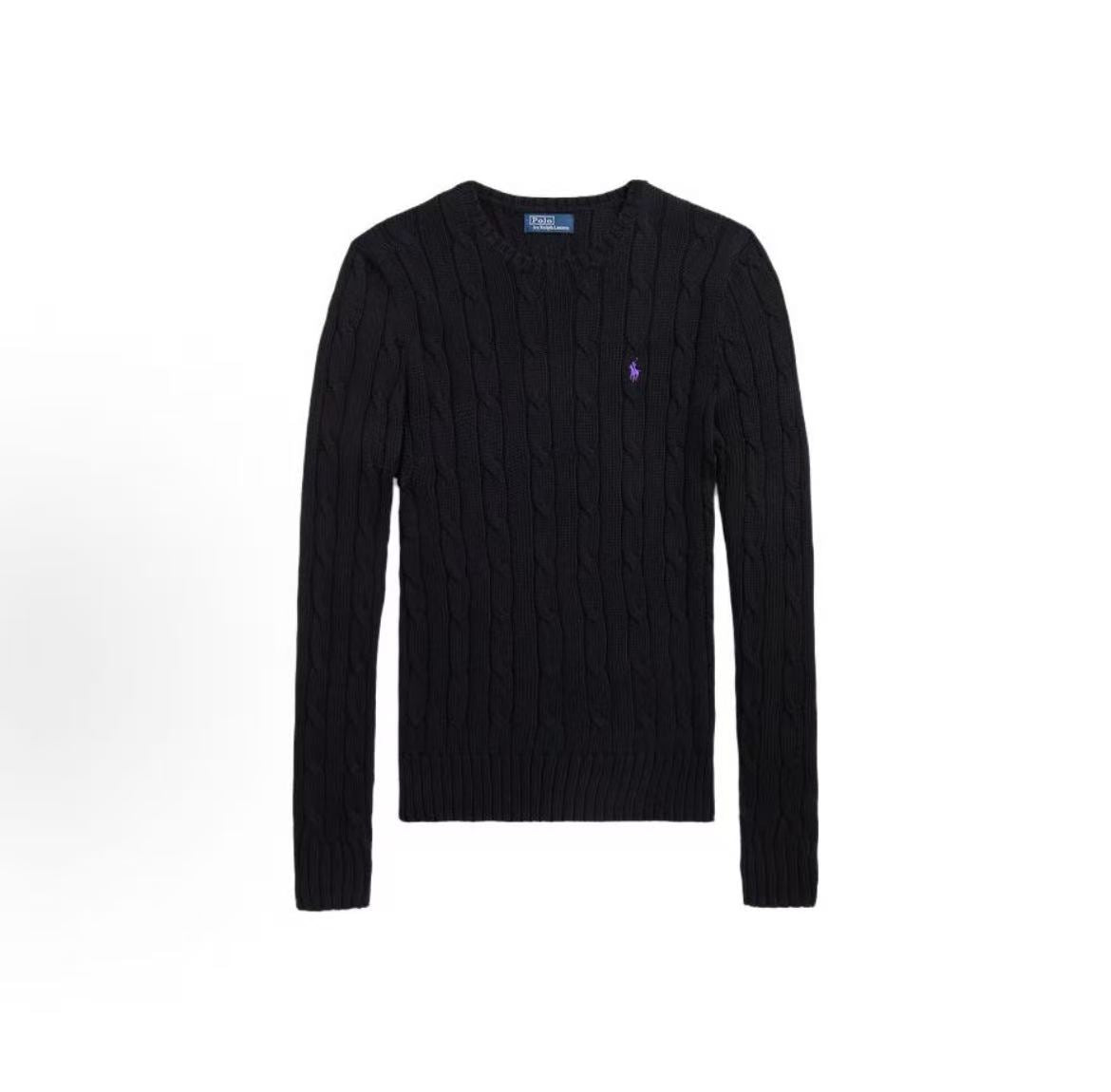 Ralph Lauren SS23 Little Horse Embroidered Logo Pattern Twisted Knitted Cotton Roundneck Pullover Long Sleeve Knit Shirt Standard Fit Women's Black