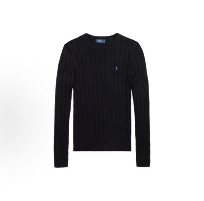 Ralph Lauren SS23 Little Horse Embroidered Logo Pattern Twisted Knitted Cotton Roundneck Pullover Long Sleeve Knit Shirt Standard Fit Women's Black