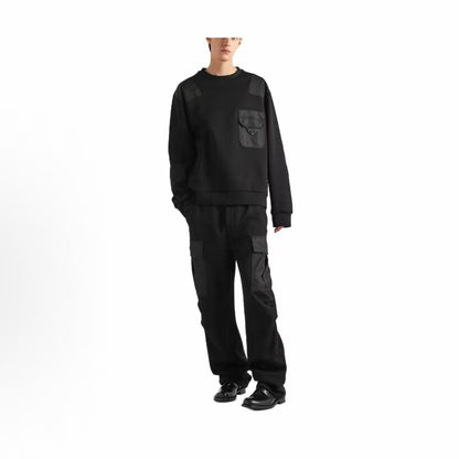 PRADA Re-Nylon Pure Color Patched Bagged Round-neck Loose Shirt for Men in Black Cotton