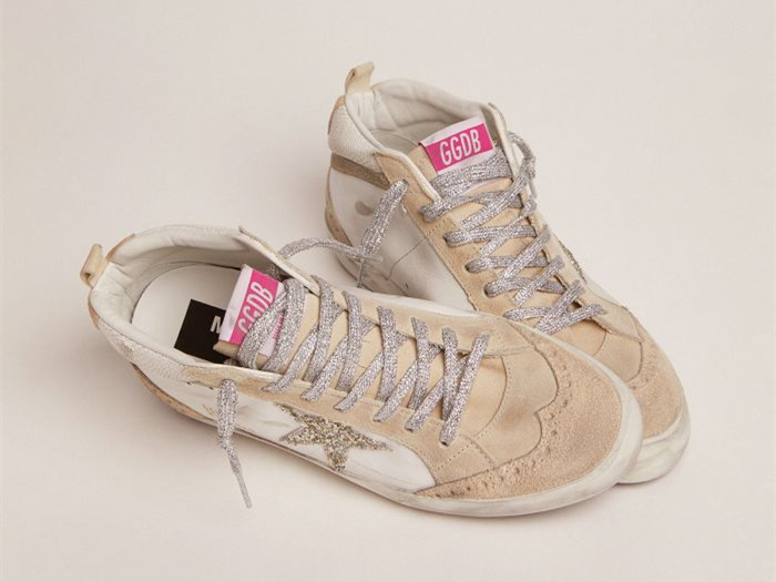 حذاء سنيكرز "Mid Star LTD" من GOLDEN GOOSE بنجمة لامعة خضراء فاتحة وتطعيم جلدي بطبعة جلد الثعبان