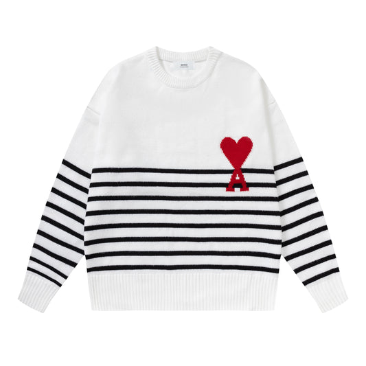 AMI Logo Stripe Print Crewneck Hoodie White
