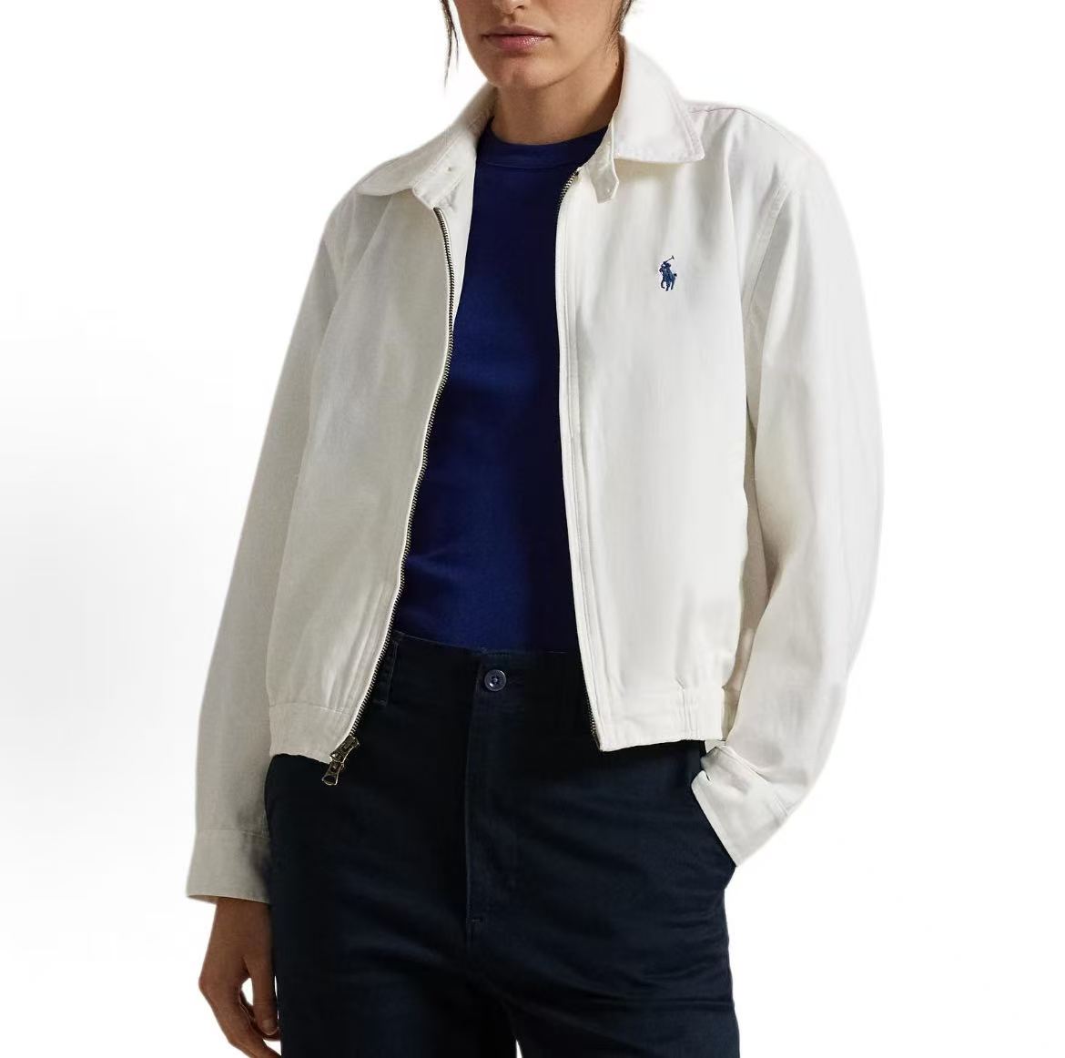 Ralph Lauren Solid-color Small Spikes Embroidered Collar Zip Long-Sleeved Jacket Coat for Women - White