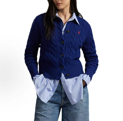 Ralph Lauren Petite Spurs Embroidery Solid Wool and Cashmere Blend Plaid Knitted Roundneck Long Sleeve Buttoned Collar Sweater Standard Fit Women's Styles Fan-Style Button Front Pullover Sweater Standard Fit Women's Style (Copy)