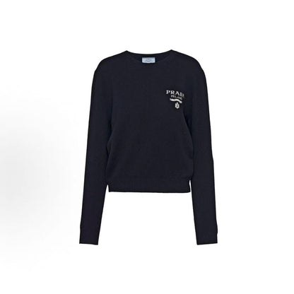 PRADA Prada FW23 Letter Print Casual Round-neck Long-sleeve Sweater for Women in Navy Blue