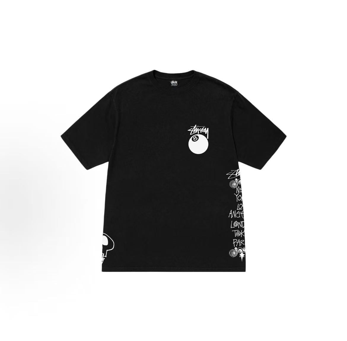 Stussy SS23 Test Strike Pigment Dyed Tee - 8 Ball Series of Summer Collection - Black 8 Logo Letter Print Loose Short-Sleeved American Retro T-Shirt - The same style for both men and women