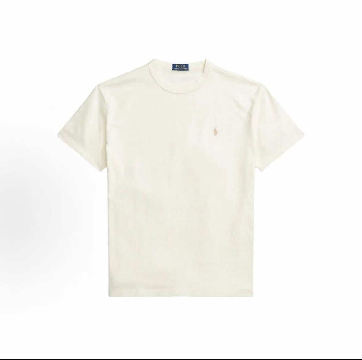 Ralph Lauren SS24 Solid-color Logo Embroidered Plain Knit Short-Sleeved T-Shirt for Men - Club Cream Color