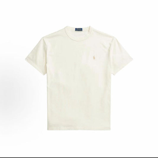 Ralph Lauren SS24 Solid-color Logo Embroidered Plain Knit Short-Sleeved T-Shirt for Men - Club Cream Color