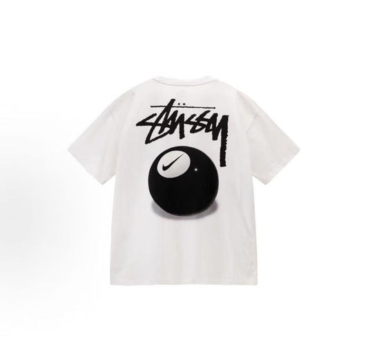 Nike x Stussy Fall/Winter 2022 Collaboration Collection - Lettered Black Billiard Print Sports Short-Sleeved T-Shirt - US Version - Same Style for Both Men and Women - White