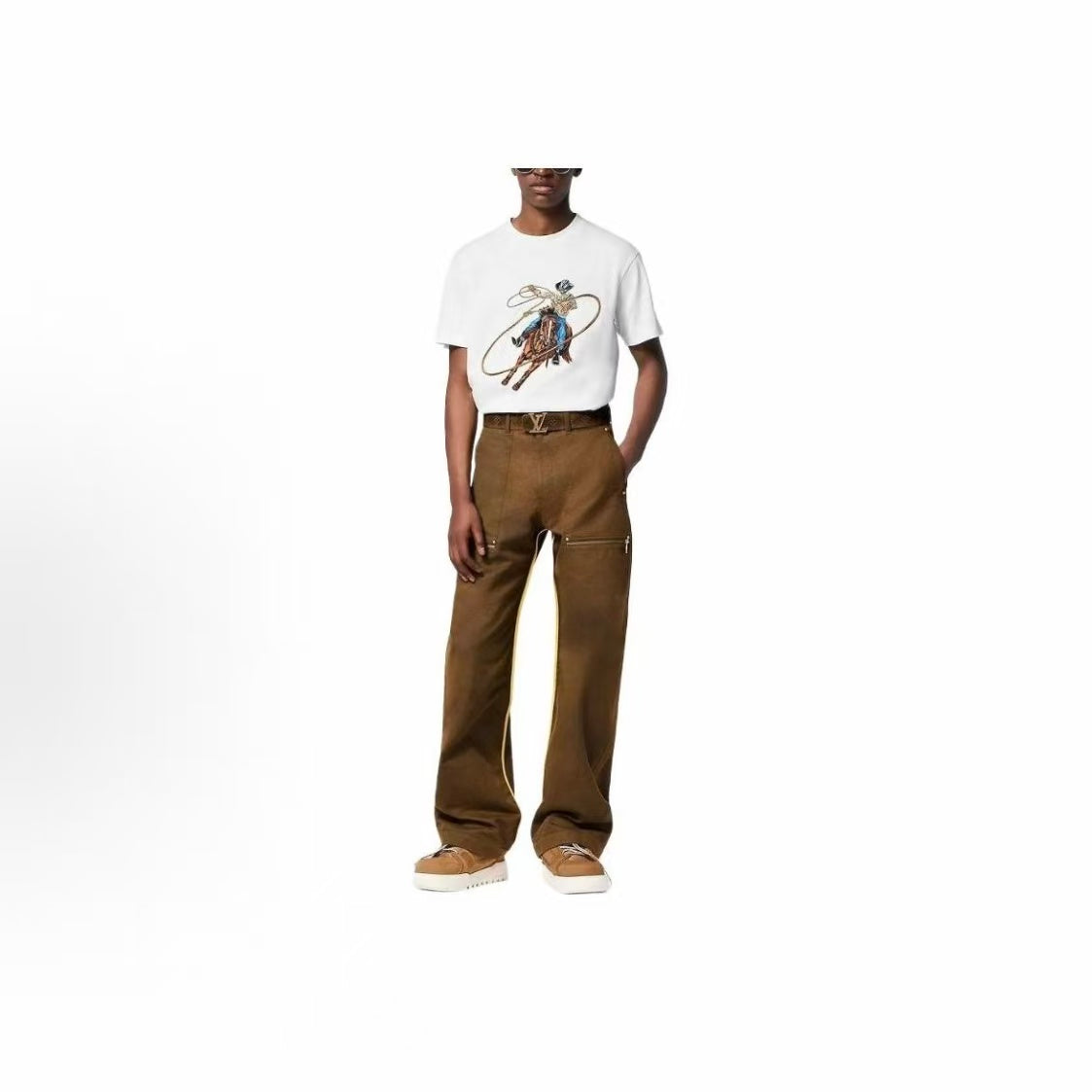LOUIS VUITTON Denim Logo Embroidered Round-neck Short-sleeved T-shirt for Men - Fall/Winter 2024 - White