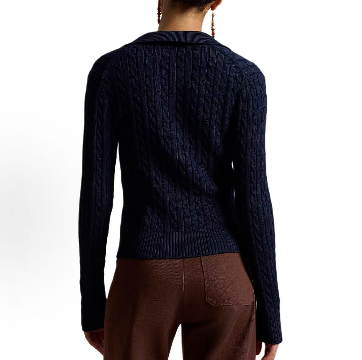 Ralph Lauren Petite Spurs Embroidered Logo Pattern Twisted Knot Cotton Wide-Collar Long-Sleeved Button-Up Blouse. Knitted top with a fitted design. Women's size. Hunter navy blue.