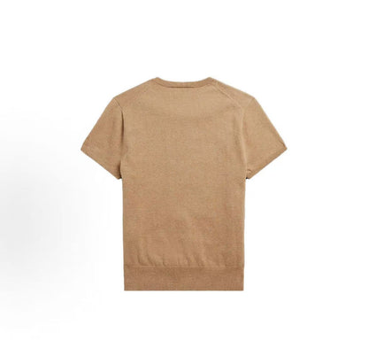Ralph Lauren SS23 Small Horse Logo Embroidered Cotton Blend Ribbed Roundneck Pullover Short Sleeve Knit Shirt Loose Fit Women's Item Tan Color Blend