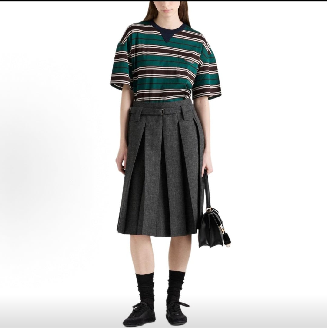 PRADA Striped Round-Neck Patch Pocket Short Sleeve T-Shirt for Women, Jade Green