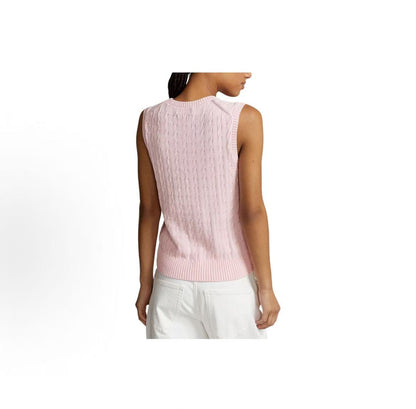 Ralph Lauren SS24 Small Horse Logo Embroidered Twisted Knitted Cotton Roundneck Pullover Sleeveless Backless Crop Top Women's Style Pink