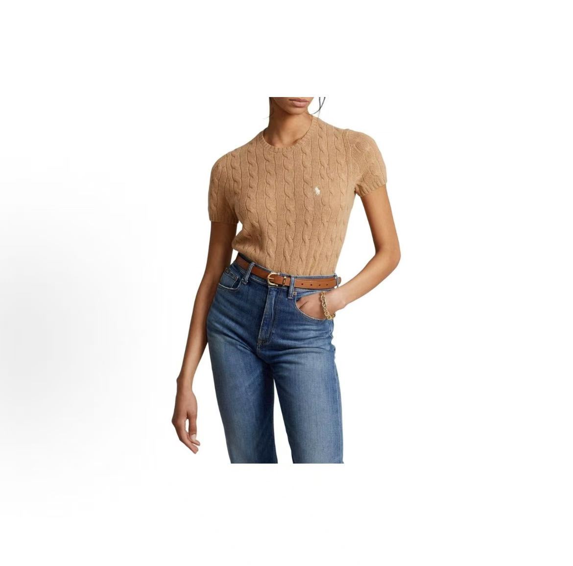 Ralph Lauren SS23 Solid-color Logo Embroidered Casual Knit Shirt - Standard Fit - Women's - Khaki Color