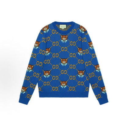 Kai x GUCCI collaboration SS21 full-print blue bear logo wool sweater cardigan - same style for both men and women - blue