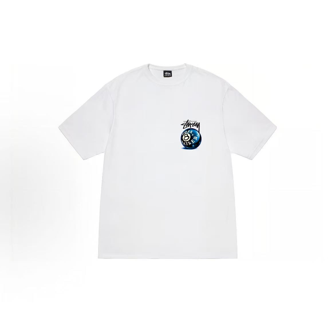 Stussy x BORN x RAISED Collaboration Collection SS23 8 BALL TEE - A white round-neck short-sleeved American retro T-shirt with 8-ball and 8-table tennis prints, available for both men and women.