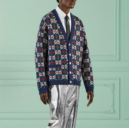 GUCCI 2023 Spring Collection Logo Print Single-Button Long-Sleeve Sweater for Men in Blue