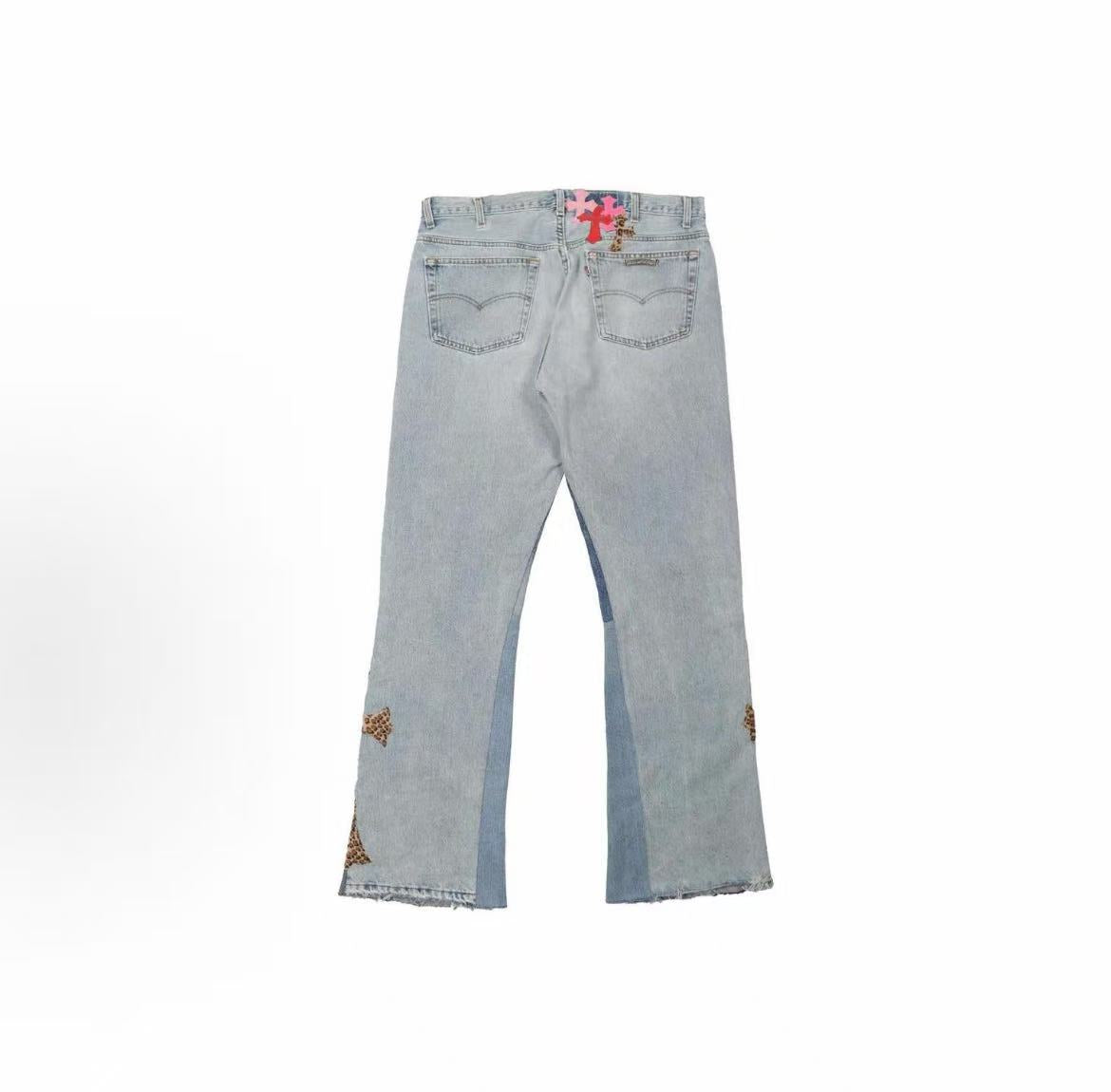 Chrome Hearts SS23 Cross-strap Patched Zip Straight Denim Pants for Men - Blue