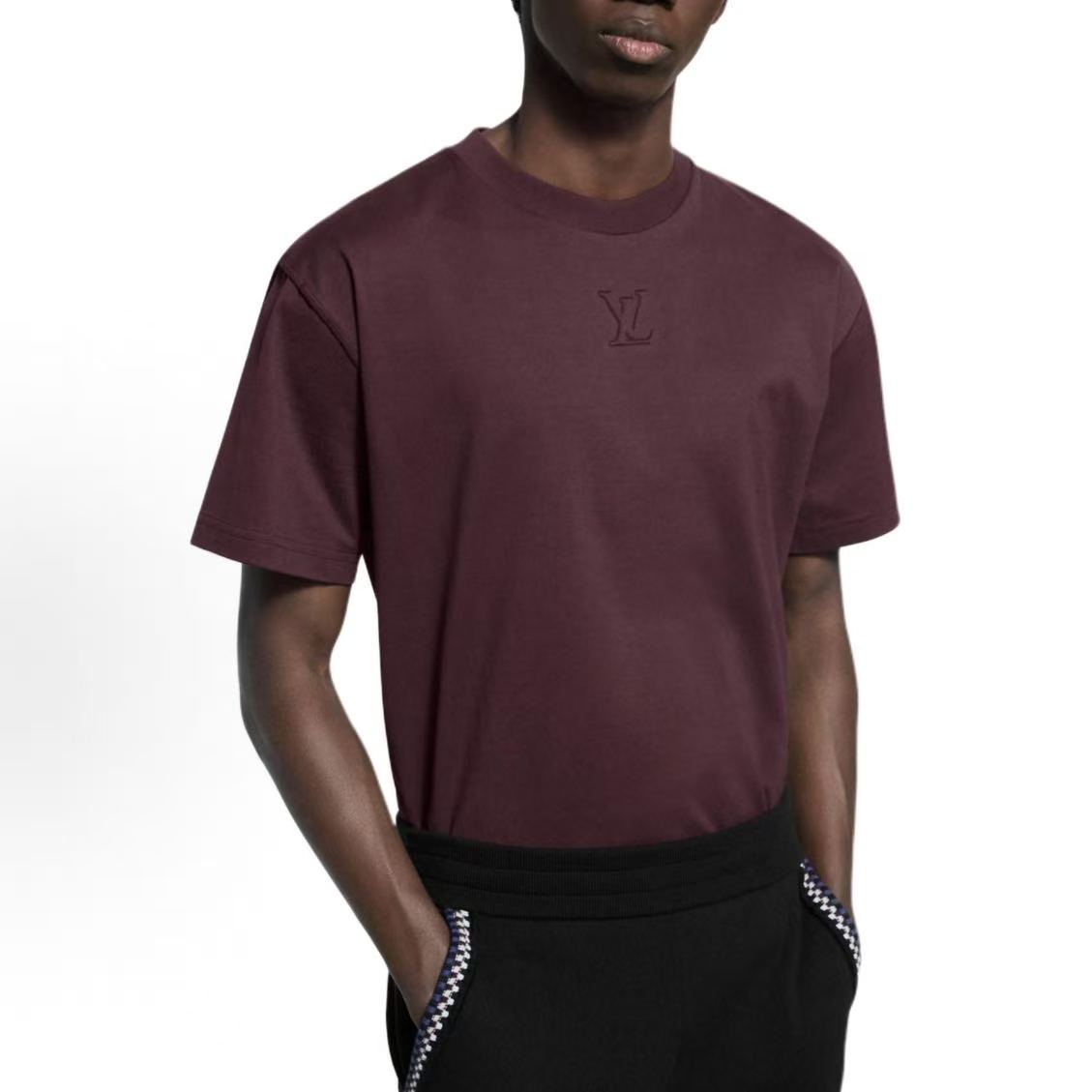 LOUIS VUITTON Embroidered Embossed Classic Organic Cotton Short-Sleeve T-Shirt for Men - Burgundy Red