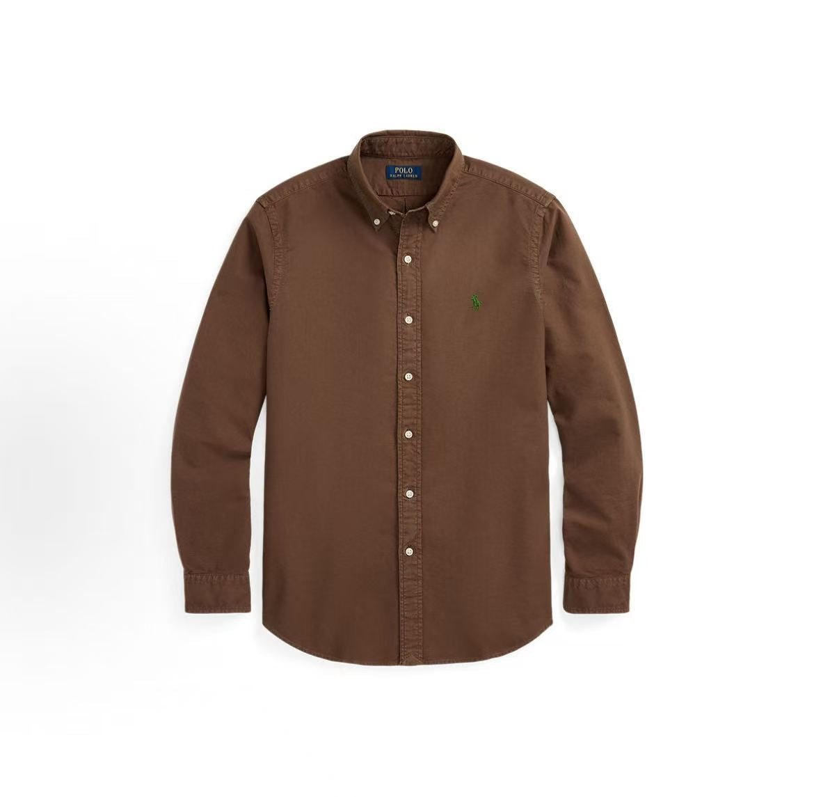 Ralph Lauren Logo Solid Color Single-Button Loose-Fitting Long-Sleeved Shirt for Men, Dark Color