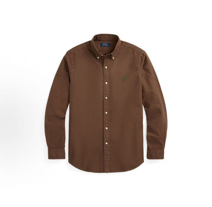 Ralph Lauren Logo Solid Color Single-Button Loose-Fitting Long-Sleeved Shirt for Men, Dark Color