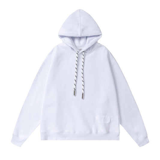 AMI  Solid Color Striped Drawstring Hoodie White