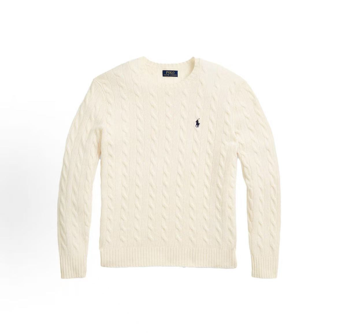 Ralph Lauren FW22 Solid Logo Embroidered Cozy Plaid Long-Sleeved Sweater - Standard Fit Men's Style - Cream Color