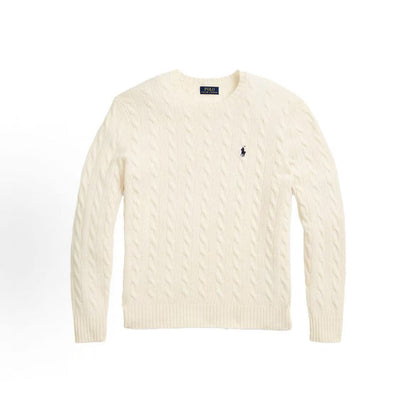 Ralph Lauren FW22 Solid Logo Embroidered Cozy Plaid Long-Sleeved Sweater - Standard Fit Men's Style - Cream Color