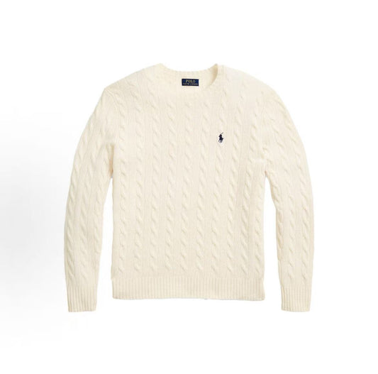 Ralph Lauren FW22 Solid Logo Embroidered Cozy Plaid Long-Sleeved Sweater - Standard Fit Men's Style - Cream Color