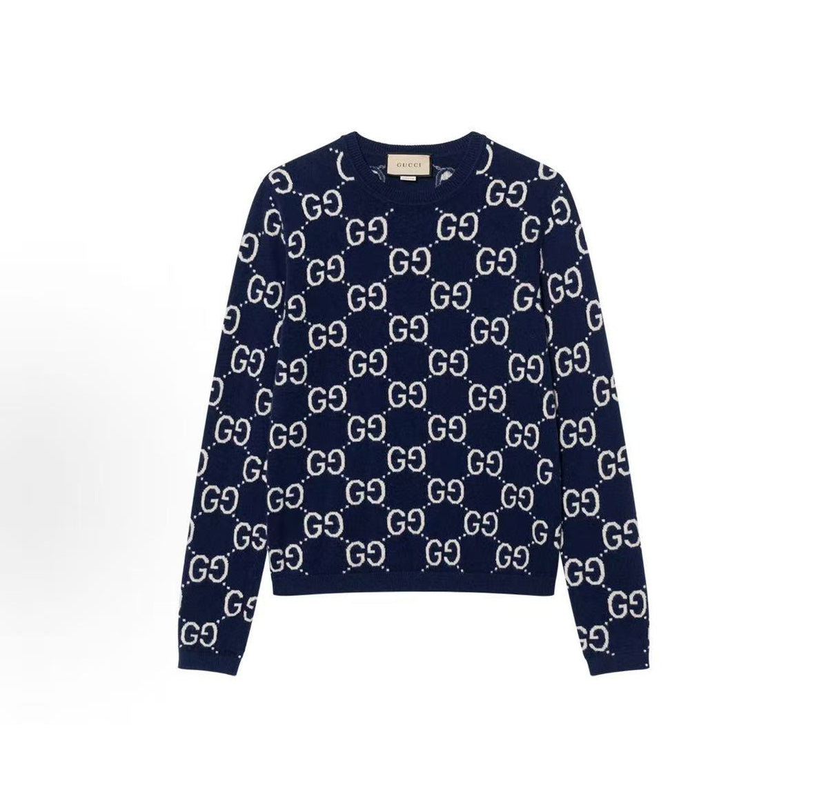 GUCCI Ancient Gurti SS22 Logo Lettered Printed Knitted Round-neck Long-sleeved Wool Sweater - Sweater for Men - Blue