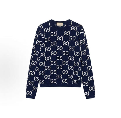 GUCCI Ancient Gurti SS22 Logo Lettered Printed Knitted Round-neck Long-sleeved Wool Sweater - Sweater for Men - Blue