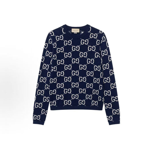 GUCCI Ancient Gurti SS22 Logo Lettered Printed Knitted Round-neck Long-sleeved Wool Sweater - Sweater for Men - Blue