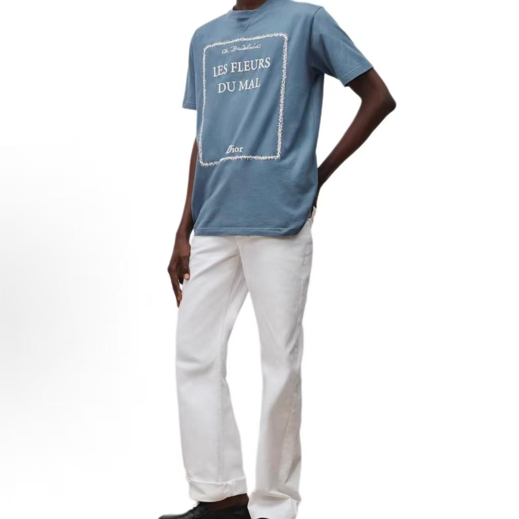 DIOR Dior FW26 Summer BOOK COVER Qixi Festival Limited Edition Collection Cotton Plain Knit Round-neck Pattern Embroidered Loose Short-Sleeved T-Shirt Men's Style