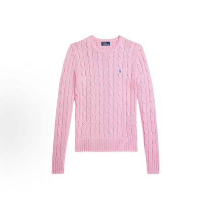 Ralph Lauren Solid Striped Cotton Roundneck Long Sleeve Pullover Sweater - Knitted Shirt - Fitted Style - Women's - Caramel Pink