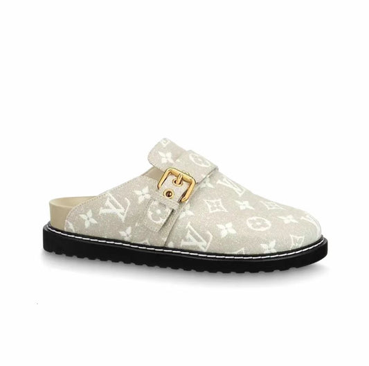 LOUIS VUITTON Cosy Comfort Denim flat top slippers women's gray