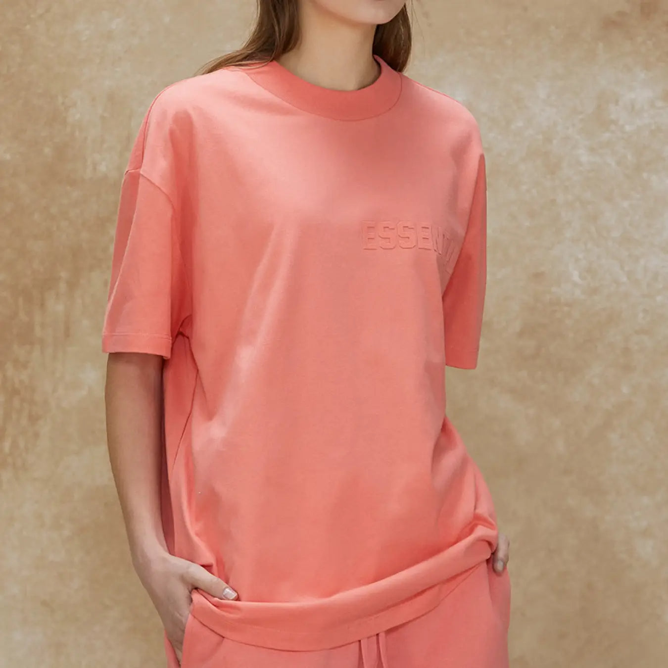 FOG FEAR OF GOD 22 ESSENTIALS double line single row flocking loose T-shirt coral red