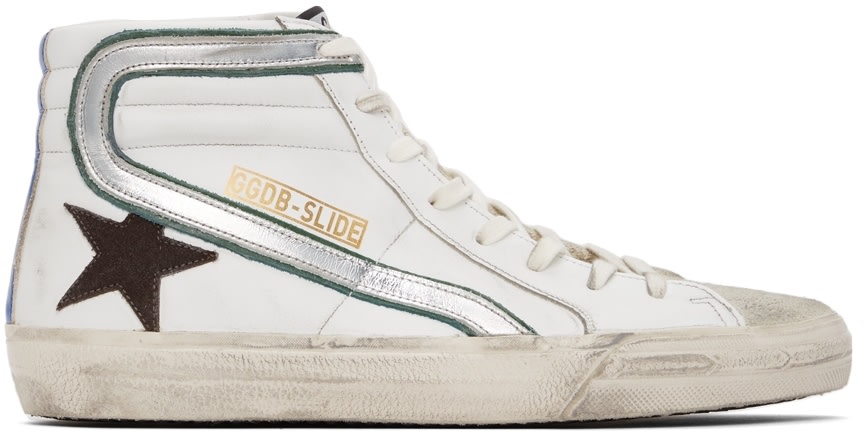 حذاء GOLDEN GOOSE رياضي كلاسيكي عالي الرقبة من الجلد الأبيض والشمواه طراز Slide