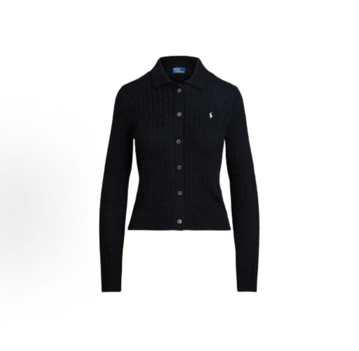 Ralph Lauren Solid Color Small Spikes Embroidered Lace Embroidered Cotton Buttoned Collar Single-Button Ribbed Sleeve Hem Long-Sleeved Buttoned Front Sweater Form-fitting Women's Style Black
