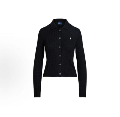Ralph Lauren Solid Color Small Spikes Embroidered Lace Embroidered Cotton Buttoned Collar Single-Button Ribbed Sleeve Hem Long-Sleeved Buttoned Front Sweater Form-fitting Women's Style Black