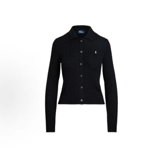 Ralph Lauren Solid Color Small Spikes Embroidered Lace Embroidered Cotton Buttoned Collar Single-Button Ribbed Sleeve Hem Long-Sleeved Buttoned Front Sweater Form-fitting Women's Style Black