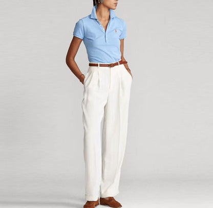 Ralph Lauren SS22 Solid Mesh Fabric Small Spikes Embroidered Stretch Short-Sleeved Polo Shirt - Slim Fit - Women's - Blue