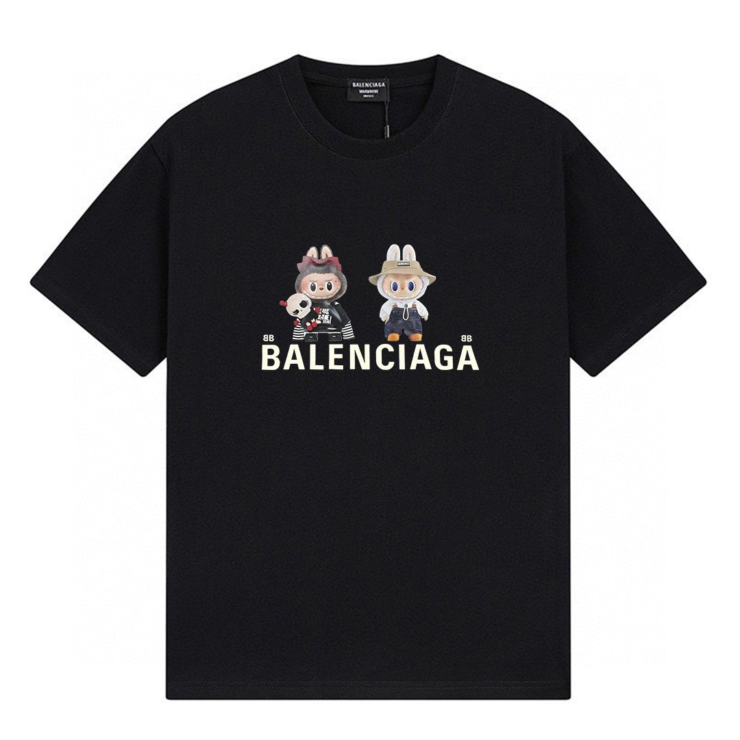 Balenciaga short-sleeve T-shirt featuring the classic fluid logo print and Labubu doll graphic.